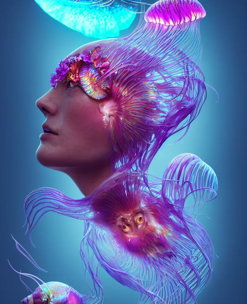 Image similar to goddess close-up portrait. dichroic orchid jellyfish phoenix head, nautilus, skull, betta fish, bioluminiscent creatures, intricate artwork by Tooth Wu and wlop and beeple. octane render, trending on artstation, greg rutkowski very coherent symmetrical artwork. cinematic, hyper realism, high detail, octane render, 8k