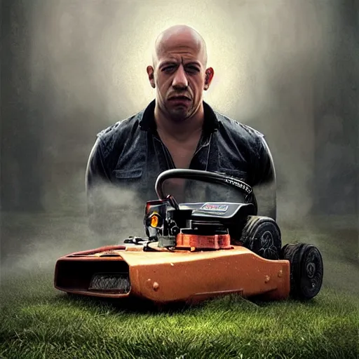 Image similar to hyperrealistic mixed media high resolution painting of Vin Diesel racing a lawnmower, stunning 3d render inspired art by István Sándorfi and Greg Rutkowski and Unreal Engine, perfect symmetry, dim volumetric lighting, 8k octane beautifully detailed render, post-processing, extremely hyper-detailed, intricate, epic composition, highly detailed attributes, highly detailed atmosphere, cinematic lighting, masterpiece, trending on artstation, very very detailed, masterpiece, stunning, flawless structure, lifelike texture, perfection,