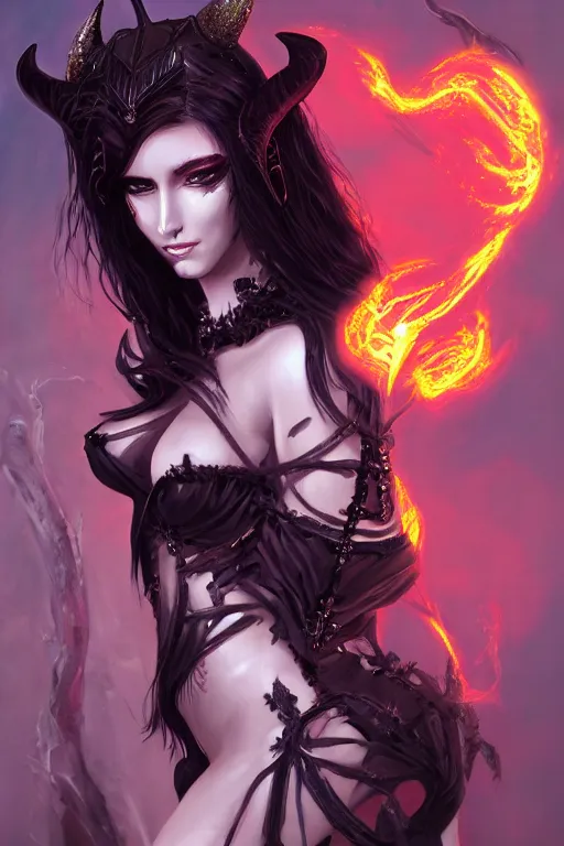 Image similar to portrait of female succubus with black hair and glowing amber eyes and horns, dnd, fantasy, intricate, elegant, highly detailed, digital painting, artstation, concept art, smooth, sharp focus, illustration, art by narcisse navarre