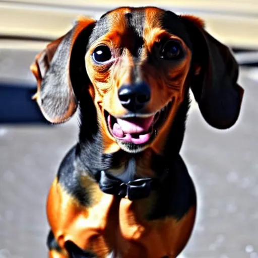 Image similar to a Dachshund and Chihuahua breed dog with an 8 pack and a chad face