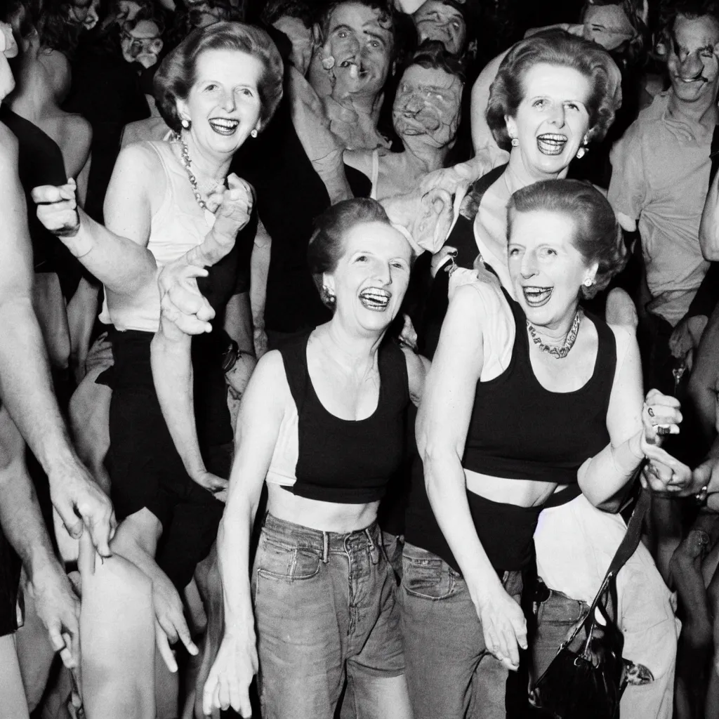 Prompt: margaret thatcher smiling, dancing in a night club wearing a black crop tank top and jeans shorts, photography