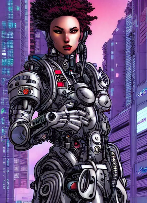 Prompt: a female cyborg soldier in grungy cyberpunk megacity, intricate, cyberpunk, vaporwave, portrait by j scott campbell