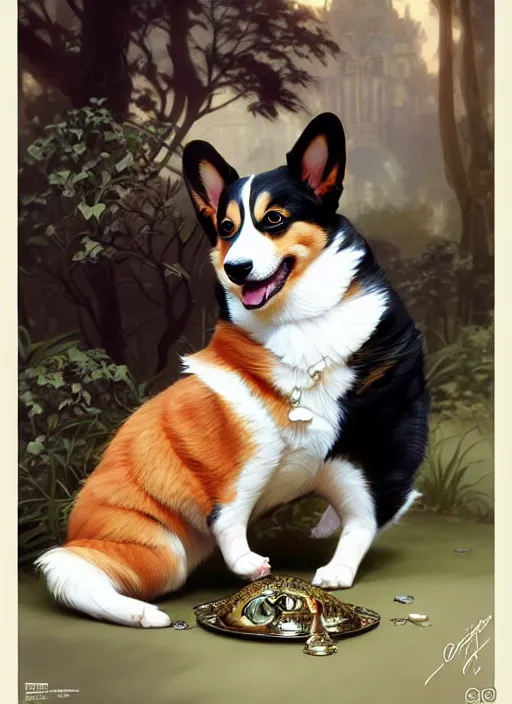 Image similar to ein the corgi playing with a tuxedo cat, fantasy, intricate, elegant, hyper detailed, ultra definition, photoreal, artstation, unreal engine rendered, concept art, smooth, sharp focus, illustration, art by artgerm and greg rutkowski and alphonse mucha and garis edelweiss