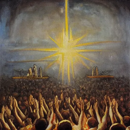 Image similar to black triangle in the sky being worshipped, worshippers, historical oil painting, detailed, award - winning