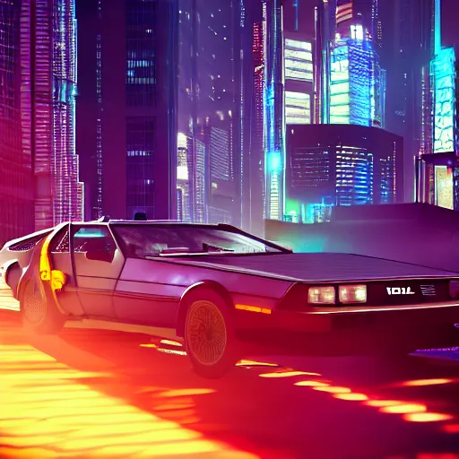 Prompt: delorean in a cyberpunk city with skyscrapers, artstation award winner, digital art, volumetric lighting, neon colors, shot from too far away, octane render