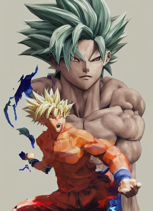 Image similar to surreal gouache gesture painting, by yoshitaka amano, by ruan jia, by Conrad roset, by good smile company, detailed anime 3d render of a gesture draw pose for blond Goku transforming in a Super Sayian 3, portrait, cgsociety, artstation, rococo mechanical, Digital reality, sf5 ink style, dieselpunk atmosphere, gesture drawn