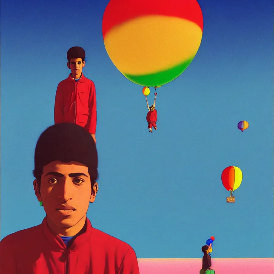 Prompt: a balloon portrait of a young morrocan man holding a colorful blotter paper of lsd acid and dreaming psychedelic hallucinations in the vast icy landscape of antarctica, by soul bass, kawase hasui, moebius and edward hopper, colorful flat surreal design, xray hd, 8 k, artstation