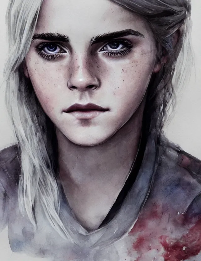 Prompt: portrait of a young emma watson as ciri from the witcher 3, beautiful eyes, aquarelle, realistic painting, freckles, 1 / 4 headshot