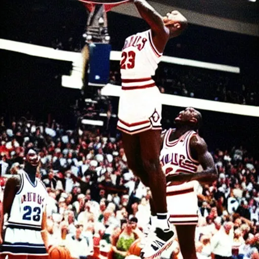 Prompt: jfk dunking on michael jordan. 1990s.