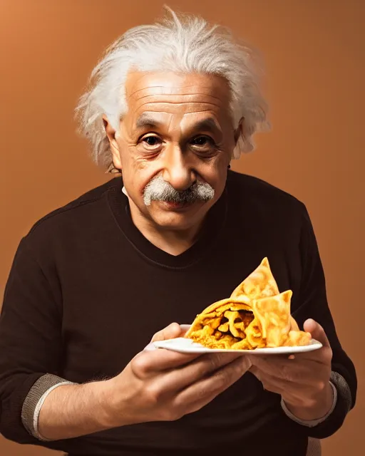 Image similar to A photo of Albert Einstein eating Samosa, highly detailed, trending on artstation, bokeh, 90mm, f/1.4