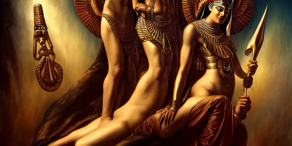 Image similar to Egyptian gods Osiris and Isis, by Rolf Armstrong and Evelyn De Morgan and Bastien Lecouffe-Deharme, dramatic lighting, high contrast colors, baroque, empyrean, panoramic view, as trending on Artstation, highly detailed, doom engine,