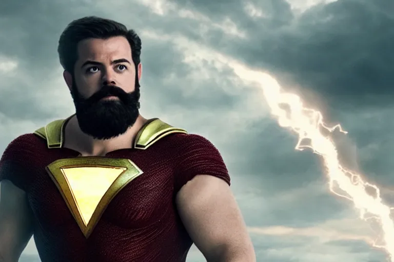 Prompt: bearded david sandberg as shazam from shazam ( 2 0 1 9 ), cinematography