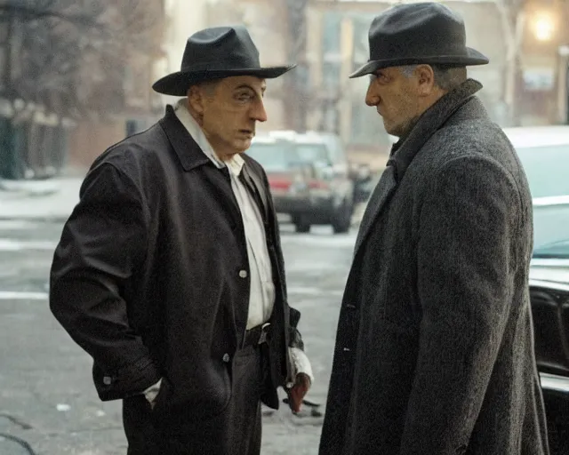 Prompt: in this scene from david chase's hbo miniseries / the outfit /, a supernatural mafia crime thriller about magical monster - hunting mafiosi in 9 0 s philadelphia, the main character ( / joe manganiello / ) is being interrogated by his boss ( / robert de niro / ). realistic hd 8 k film photography. composition inspired by christopher mckenna.