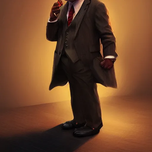 Image similar to a chicken wearing a suit smoking a cigar, dramatic lighting, cinematic, establishing shot, extremly high detail, photorealistic, cinematic lighting, artstation, style by James Gurney