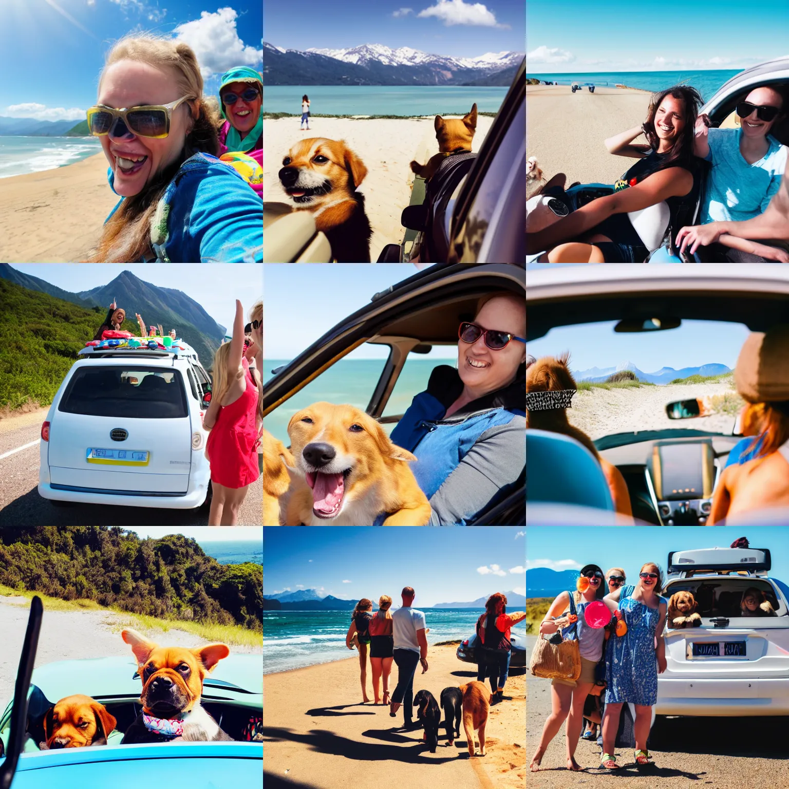 Prompt: people on a cheerful roadtrip, first person view, puppies, cake, sunshine, beach, mountains, high resolution photo