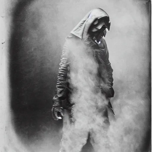 Prompt: ash maker, black leather, cyberpunk fear reaper, hulking, mysterious photo realism, style of roger fenton, flash photo