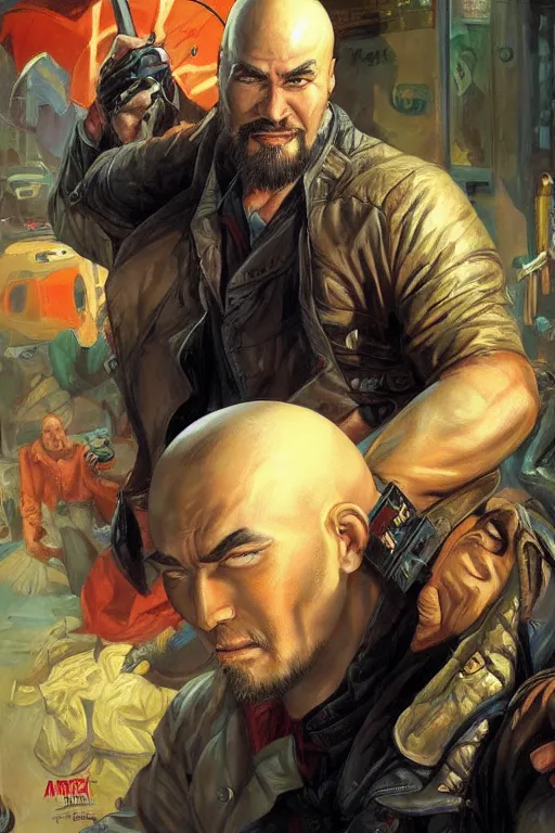 Image similar to beautiful gorgeous bald kazakh guy with a short beard, painted by tom lovell, alex malveda, greg staples