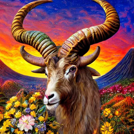 Image similar to josephine wall, horned ram goddess, checking her cell phone, erupting volcano in distance, sunset, flowers in foreground, zodiac, fantasy acrylic on canvas, intricately detailed, highly detailed, high resolution, hdr, 8 k, by senior concept artist, trending on artstation