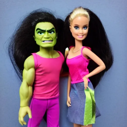 Prompt: Hulk with Barbie outfit