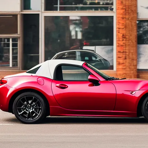 Image similar to 105mm photo of car full view mid distance photograph red Mazda Miata parked on street from 2020