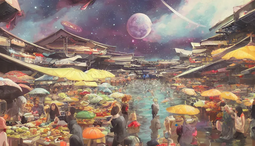 Prompt: floating wet japanese market with vendors on a luxurious road on interstellar solar system with nearby planets seen from the distance, advanced highway, star trek style, by peter mohrbacher, jeremy mann, francoise nielly, android james, ross tran, beautiful, award winning scenery, 8 k quality, clean details, serene, sakura season