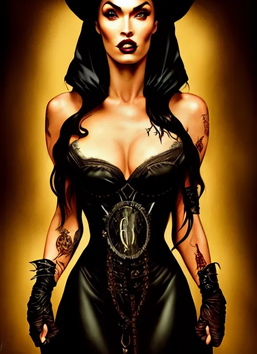 Image similar to megan fox witch queen, black eyes, blood, full body, intricate victorian dress, middle shot, cinematic lighting, symmetrical eyes, caravaggio, artgerm, joshua middleton, rafael albuquerque, moody lighting, candles