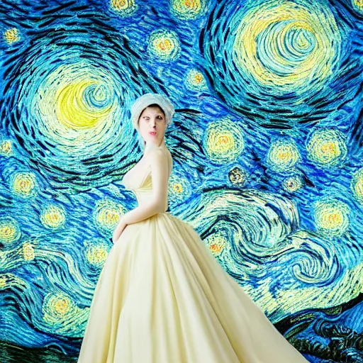 Image similar to Stunning photograph of a model wearing magnificent and ethereal ball gown inspired by Van Gogh's Starry Night. Studio lighting