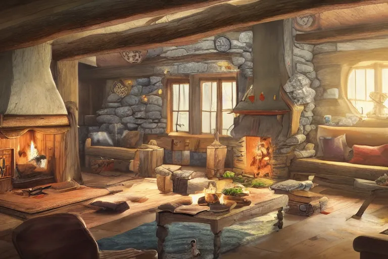 Prompt: wooden cottage, living room, elves sitting on the couch, high - tech devices, traditional fireplace, concept art