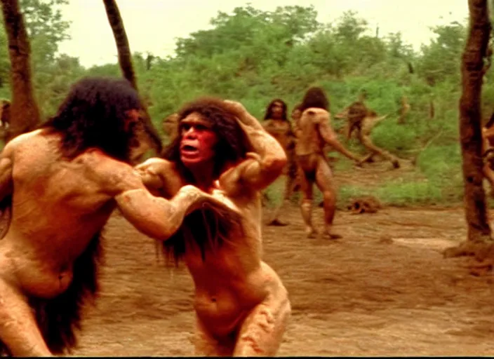 Image similar to a homo sapien cavewoman oil wrestling with a neanderthal cavewoman, movie still photograph taken by richard kern, from the movie clan of the cave bear, 8 k, realistic