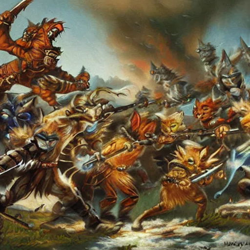 Prompt: cat warriors charging into battle fantasy painting heroic bearing by the best cat artist ever