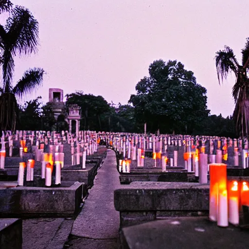 Image similar to film photography film photography of a cemetary in Mexico City, at night, lit with candles, Leica M6, cinestill 800, Noctilux 50mm