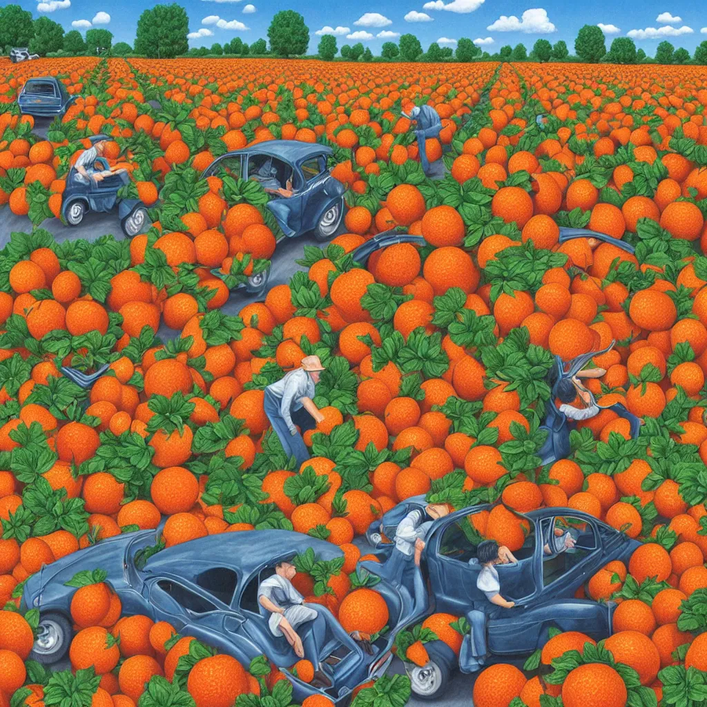 Image similar to a orange strawberry field seen by far in a car riding by, by Rob Gonsalves