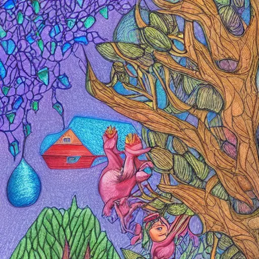 Image similar to Colored pencil art on paper, highly detailed, artstation, People, Plants and Trees, Animals, Magical Creatures, buildings, scenery, enchanted landscapes, PrismaColor