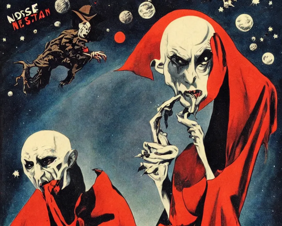 Image similar to a vintage horror movie poster featuring Nosferatu in space