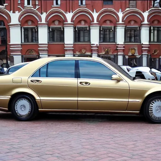 Image similar to gold Mercedes-Benz s500 long in the body 220 (w220) 2002 old year is located on the red square in Moscow