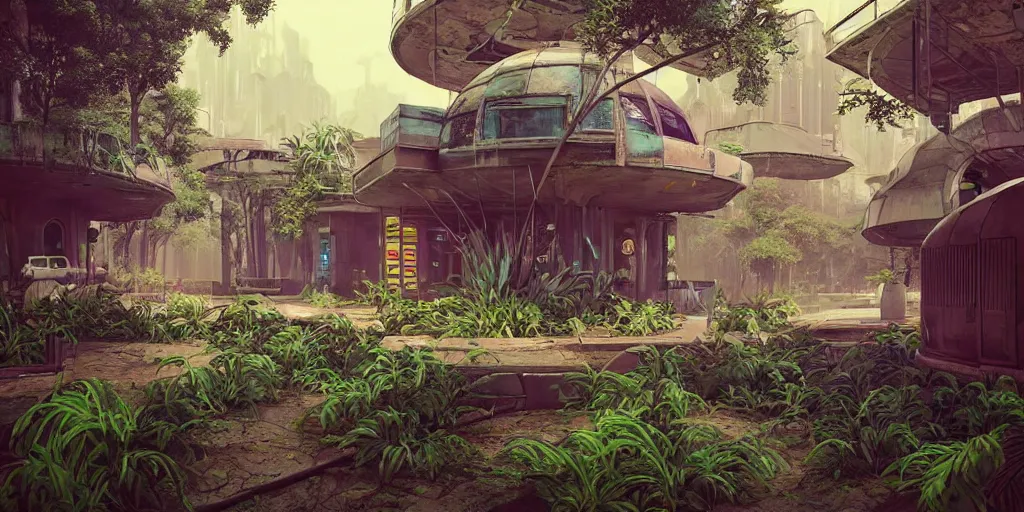 Prompt: 80s outdoor retro arcade, chrome, pastel colors, desolate, lush vegetation, moody:: by beeple and James Gilleard and Justin Gerard :: ornate, dynamic, particulate, intricate, elegant, highly detailed, centered, artstation, smooth, sharp focus, octane render, 3d