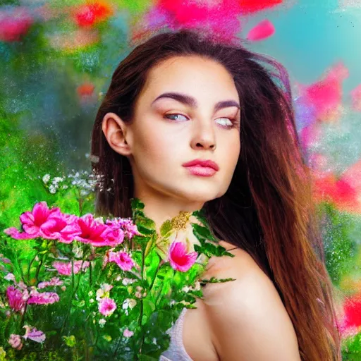 Prompt: a 3 d close up image of a beautiful young women looking at the camera surrounded by lush flowers impressionism, pop