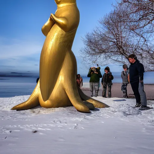 Image similar to humans praying to a statue of a giant golden baby harp seal, Leica, 4k photo