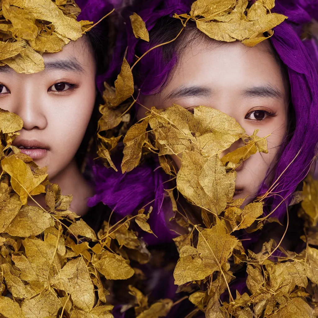 Image similar to close up portrait of a young korean face, gold leaves and violet silk threads mask, fashion magazine, portrait photography, annie leibovitz, david lazar, 1 0 5 mm, f 2. 8, in autumn, 8 k, detailed