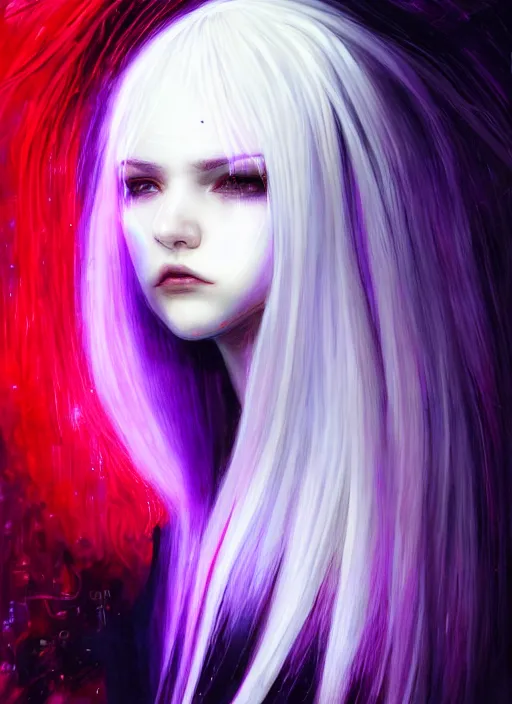 Image similar to hair whitebangs hair, black cyberlox, portrait of teenage girl with white bangs, whitebangsblackhair, messy bangs, cyberlox, whitebangs, red irises, purple clothes, intricate, elegant, glowing lights, highly detailed, digital painting, artstation, concept art, sharp focus, illustration, art by wlop, mars ravelo and greg rutkowski