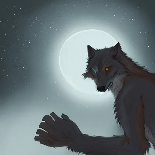 Prompt: a beautiful werewolf at night, kawacy, backlighting, furry art