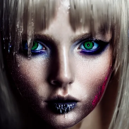 Image similar to A gorgeous blonde, grungy, unkept hair, glowing eyes, modelsociety, wet from rain, radiant skin, huge anime eyes, bright on black, dramatic, studio lighting, perfect face, intricate, Sony a7R IV, symmetric balance, polarizing filter, Photolab, Lightroom, 4K, Dolby Vision, Photography Award