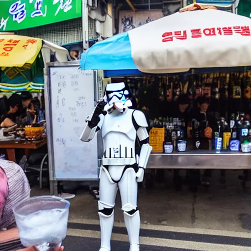 Prompt: storm trooper drinking soju at a street vendor in seoul