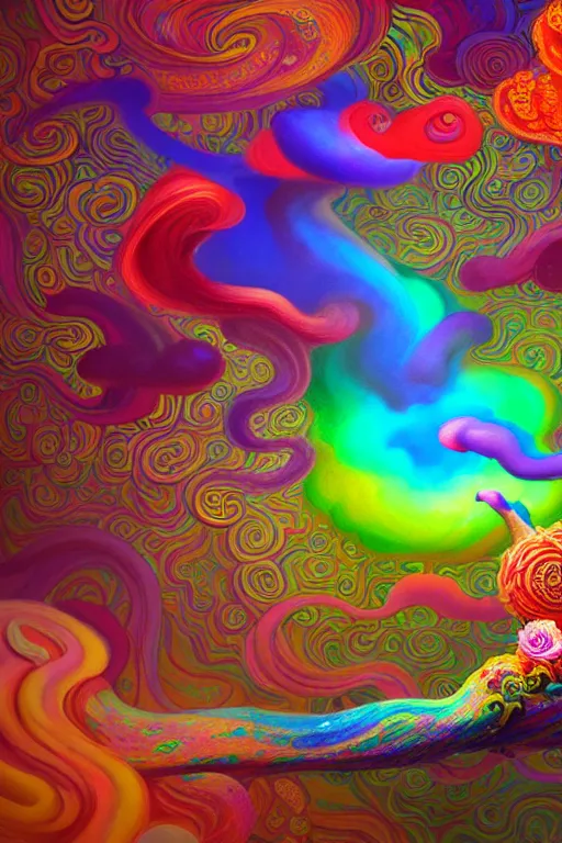 Image similar to colorful liquid smoke and clouds forming faces, animal shapes and flowers, an extremely colorful psychedelic experience, dmt, psilocybin, lsd, intricate, elegant, highly detailed, digital painting, artstation, smooth, sharp focus, illustration, art by krenz cushart, hana yata, octane render, unreal engine, 8 k