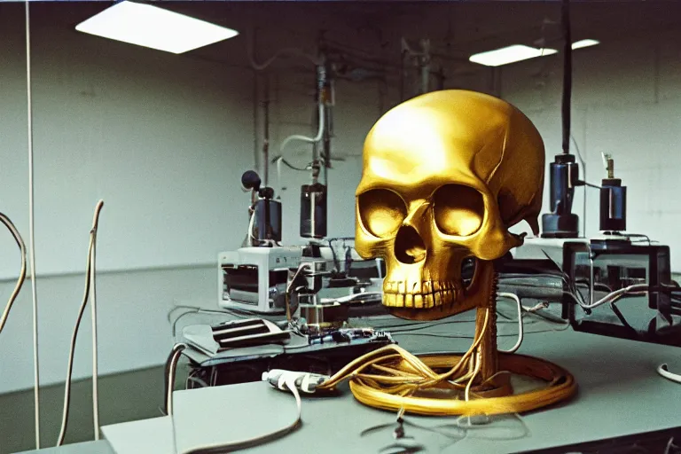 Image similar to large metallic skull sitting atop a pile of thick coiled power cable, stoic and calm, inside of an unlit 1970s science lab, full color ektachrome photograph, volumetric lighting, f8 aperture, cinematic Eastman 5384 film