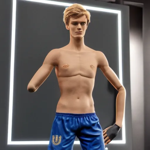 Image similar to a realistic detailed photo of a guy who is an attractive humanoid who is half robot and half humanoid, who is a male android, soccer player martin ødegaard, shiny skin, posing like a statue, blank stare, in a living room, on display, showing off his muscles