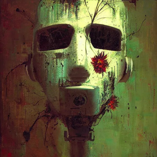 Image similar to a painting by jeremy mann of a robot head with flowers growing out, highly detailed, color bleeding, pixel sorting, plain black background, studio lighting