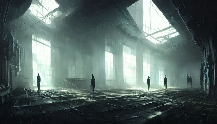Prompt: high tech nomands exploring abandoned laboratory from the future, scifi, dark scifi, space horror, light, shadows, reflections, steam, epic composition, intricate, elegant, volumetric lighting, digital painting, highly detailed, artstation, sharp focus, illustration, concept art, ruan jia, steve mccurry