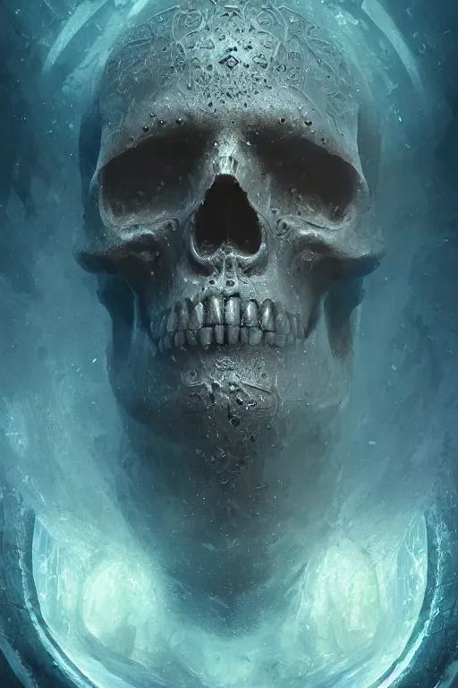 Image similar to atlantis skull, close - up portrait, powerfull, intricate, elegant, volumetric lighting, scenery, digital painting, highly detailed, artstation, sharp focus, illustration, concept art, ruan jia, steve mccurry