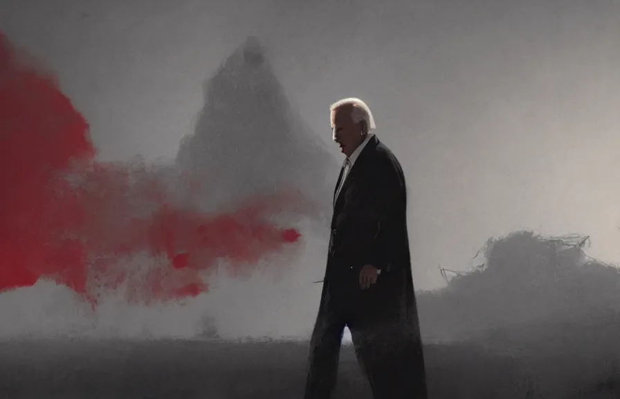 Prompt: Joe Biden casts a long shadow, by Greg Rutkowski and Dave McKean red color palette